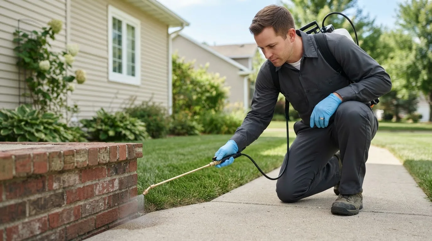 Pest control technician treating a home near Depauw, IN